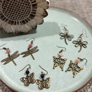 Butterfly/dragonfly earrings w/ stone/glass bead accents. Handmade by me!